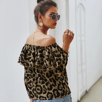 Bohemia Femei De Pe Umăr Leopard De Imprimare Tricou Femei Haine Complet Maneca Volane Top Tee De Sex Feminin 2020 Moda Sexy Tricou Vrac