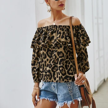 Bohemia Femei De Pe Umăr Leopard De Imprimare Tricou Femei Haine Complet Maneca Volane Top Tee De Sex Feminin 2020 Moda Sexy Tricou Vrac