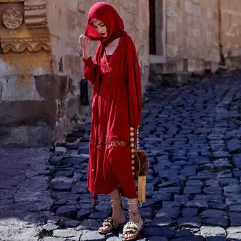 BOHO INSPIRAT rochie roșie cu glugă Tigan rochii pentru femei V-neck mânecă lungă lanternă elastic wasit fantă lungă rochie hippie chic 2020