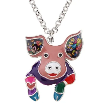 Bonsny Aliaj Email Floral Minunat Porc Piggy Cravată Colier Lanț Guler Pandantiv Bijuterii Pentru Femei, Fete Lady Animal Accesoriu