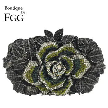 Boutique De FGG Verde & Negru de Flori de Trandafir Femei Pungi de seară de Seară Formală Petrecere Cina Pietre Genți de mână Poșete de Nuntă