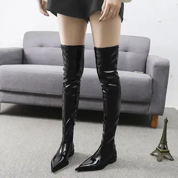 Brevet Piele de Moda pentru Femei Cizme a Subliniat Toe PU Over-the-genunchi Cizme Femei Pantofi de Toamnă de Primăvară de Cauciuc de sex Feminin Timp de Boot mult Noi