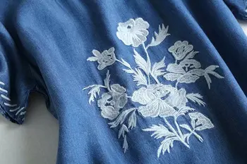 Broderie de vara rochie denim femei o de gât moale Blugi rochii casual mâneci scurte albastru birou doamnă în rochie de bumbac