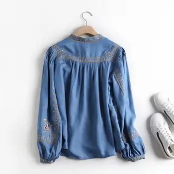 Broderie felinar mâneci denim bluza femei moale blugi bluza albastru topuri drăguț bumbac blusas mujer streetwear boho