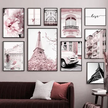 Bujor Roz Paris Turnul Roma Fereastră Mașină De Arta De Perete Panza Pictura Nordică Postere Si Printuri Poze De Perete Pentru Living Decorul Camerei