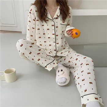 Bumbac acasă haine femei pijama set ursul desene animate de imprimare acasă costum de toamna cu maneci lungi de sus 2 buc pantaloni de pijamale noi Y203