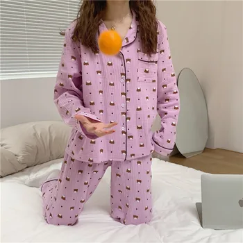 Bumbac acasă haine femei pijama set ursul desene animate de imprimare acasă costum de toamna cu maneci lungi de sus 2 buc pantaloni de pijamale noi Y203