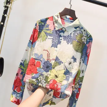 Bumbac Lenjerie de Buton-Up Bluza Femei cu maneci Lungi Florale Vintage Tricou Top 2020 Toamna Doamnelor Bluza Casual, de Birou Alb