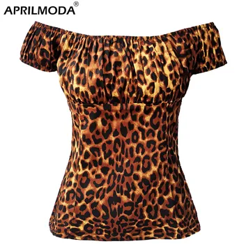 Bumbac Retro Vintage Bluza Tricou Femei de Pe Umăr '50 -' 60, Maneca Scurta de Vara Galben Negru Alb Leopard de Imprimare de Birou Topuri