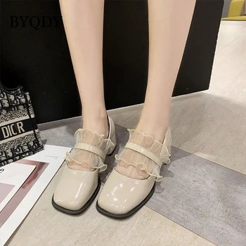 BYQDY Japonia Mary Jane Pantofi Toamna Plasă de Lolita Pompe de Piele PU Square Toe Pantofi Retro Catarama 5CM Tocuri Indesata Pentru Prietenele