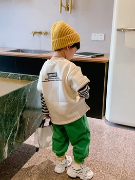 Băieți fals două maneca lunga pulover 2020 pentru copii coreean de pluș și îngroșat haine călduroase de iarnă