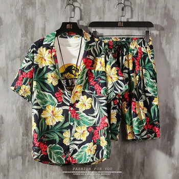 Bărbați 2 Bucati Set Hawaiian Tricouri +Beach Shorts Mens Casual Streetwear de Vară 2020 Florale Vrac Maneca Scurta Vacanță de Costume Masculine