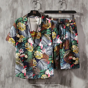 Bărbați 2 Bucati Set Hawaiian Tricouri +Beach Shorts Mens Casual Streetwear de Vară 2020 Florale Vrac Maneca Scurta Vacanță de Costume Masculine