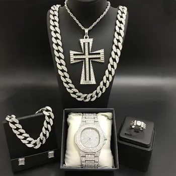 Bărbați De Lux De Culoare Argintie Watch & Necklce & Braclete & Inel Si Cercei Combo Gheață Cubanez Cristal Miami Colier Hip-Hop Pentru Bărbați