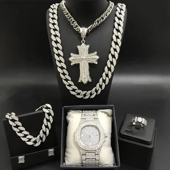 Bărbați De Lux De Culoare Argintie Watch & Necklce & Braclete & Inel Si Cercei Combo Gheață Cubanez Cristal Miami Colier Hip-Hop Pentru Bărbați