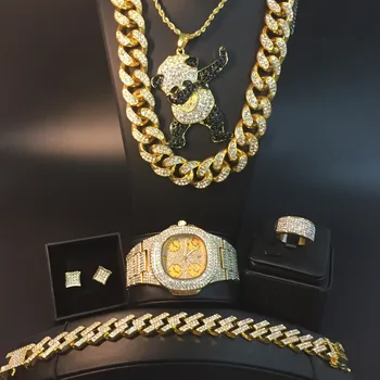 Bărbați De Lux De Culoare De Aur Watch & Colier & Braclete &Inel Și Cercei Combo Set De Gheață Cubanez Cristal Miami Neckalce Hip-Hop Pentru Bărbați