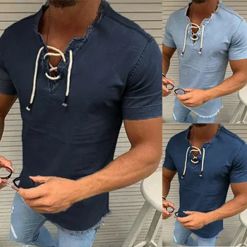 Bărbați Denim Short Sleeve V-Neck T-Shirt Casual Dantela-Up Pur Bluza de Culoare Topuri TC21