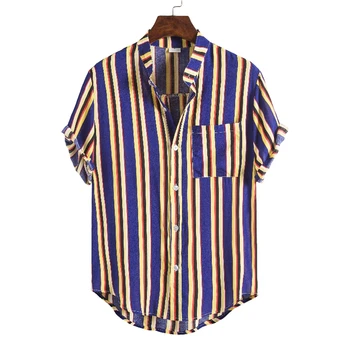 Bărbați Moda de Vara Tricou Casual Tricou cu Dungi cu Maneci Bluza cu mânecă Scurtă tricou cu dungi din bumbac și lenjerie de pat