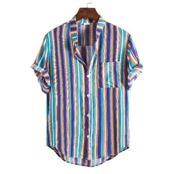 Bărbați Moda de Vara Tricou Casual Tricou cu Dungi cu Maneci Bluza cu mânecă Scurtă tricou cu dungi din bumbac și lenjerie de pat
