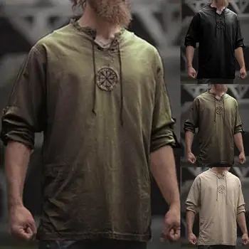 Bărbați pe Plus Dimensiune Bluza Top Vechi Viking Broderie Dantelă Up V Gatului Maneca Lunga Camasa de Sus de Îmbrăcăminte Pentru Bărbați