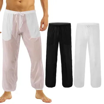 Bărbați semi-transparente, pantaloni lungi largi plaja pantaloni cu cordon și de buzunar liber de vară pantaloni sport beachwear M-XXL
