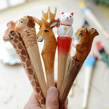 Cadouri Creative Sculptură în lemn animale de desene animate pixuri cu gel 0.5 mm Lemn manual Sculptura papetărie stiloul transport gratuit