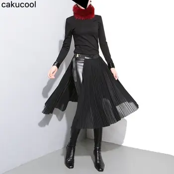Cakucool femei 2019 primăvara și vara noul negru simplu reglabil cataramă de metal elegant sifon jumătate de lungime fusta plisata