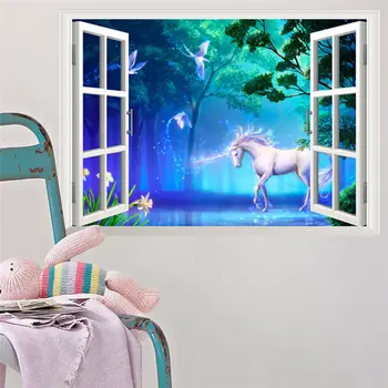 Cal Unicorn Fals Fereastra de Autocolante de Perete pentru Camera Copii Decorațiuni 3d Animale de Artă Murală Diy Desene animate Diy Peisaj Acasă Decalcomanii