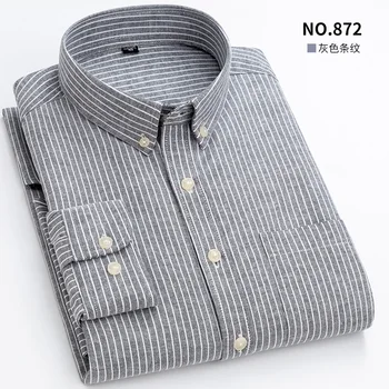 Camisas de manga longa de oxford listrado xadrez masculina único remendo bolso qualidade premium padrão-ajuste botan para baixo