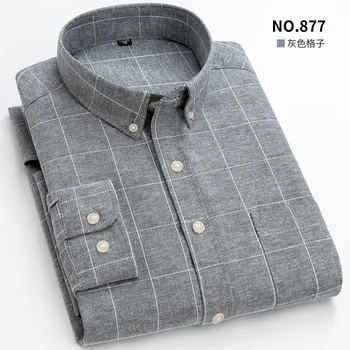 Camisas de manga longa de oxford listrado xadrez masculina único remendo bolso qualidade premium padrão-ajuste botan para baixo