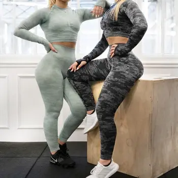 Camo Yoga Set Femeile fără Sudură de Camuflaj Bluze/Pantaloni Fitness Sutien de Sport de Talie Mare SALĂ de sport jambiere Camo Fitness Costume Seturi de Antrenament
