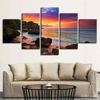 Canvas Wall Art Pozele 5 Piese Sunset Glow Tablouri Decor Acasă Living HD Printuri Plajă, Valuri, peisaj Marin Postere Cadru