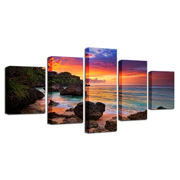 Canvas Wall Art Pozele 5 Piese Sunset Glow Tablouri Decor Acasă Living HD Printuri Plajă, Valuri, peisaj Marin Postere Cadru