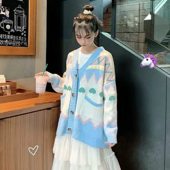 Cardigan pentru Femei de Culoare Multi V-gât Stil Popular Harajuku Farmec Minunat Streetwear Liber Tricotaje de Toamna Epocă Topuri Fete Moda