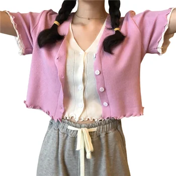 Cardigan tricot Tricou Femei Single-breasted Mozaic dintr-O bucata Pulover Crop Topuri de Vara de sex Feminin Maneca Scurta, Jachete