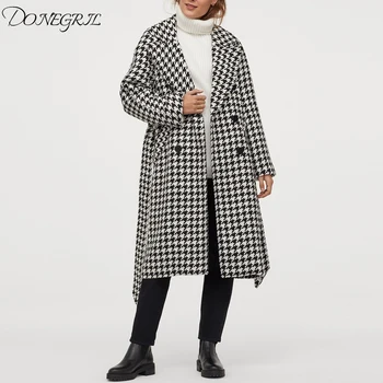 Carouri de moda haină de lână femei de iarna 2020 Houndstooth centura cu buzunar de haină lungă Toamnă caldă tweed gros palton feminin