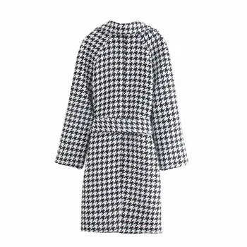 Carouri de moda haină de lână femei de iarna 2020 Houndstooth centura cu buzunar de haină lungă Toamnă caldă tweed gros palton feminin