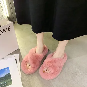 Casa De Iarna Femei Papuci De Blană De Moda Cross Band Cald Plus Doamnelor Pantofi De Pluș Confortabil Deget De La Picior Deschis Interior Fuzzy Slide-Uri Pentru Fete