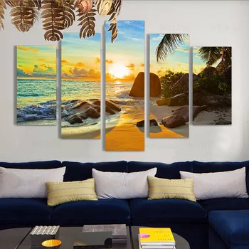Casa moderna de Arta de Perete Decor Modular Panza Ulei de Imagini HD de Imprimare Pictura 5 Panoul de Ocean Sunset Beach peisaj Marin Poster