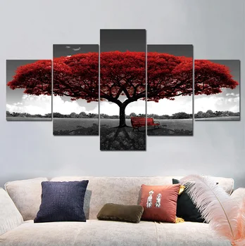 Casa Moderna Decor Roșu Romantic Copac Peisaj Postere Si Printuri 5 Panouri De Perete De Arta Panza Pictura Poze De Perete Pentru Camera De Zi