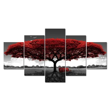 Casa Moderna Decor Roșu Romantic Copac Peisaj Postere Si Printuri 5 Panouri De Perete De Arta Panza Pictura Poze De Perete Pentru Camera De Zi