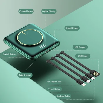 CASEIER Încărcător Wireless 10000mAh Mini Power Bank Pentru iPhone 12 Bulit in 4 Cabluri Acumulator Extern Powerbank Pentru Xiaomi Samsung