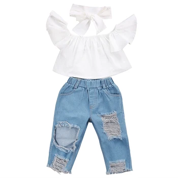 Casual Copilul Copil Fete 1T-6M Îmbrăcăminte de Pe Umăr Topuri +Gaura Pantaloni din Denim Blugi Haine Set Haine