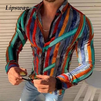 Casual cu Maneca Lunga, cu Dungi de Imprimare Tricou Pentru Bărbați 2021 Primăvară Epocă Mozaic Topuri de Moda de sex Masculin de Turn-Down Guler Slim Tricouri 3XL