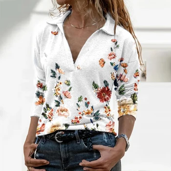 Casual Floare de Imprimare Tricou V Gât Pulover cu Fermoar Bluze cu Maneca Lunga Tricouri Femei Top Epocă de Mari Dimensiuni 5XL Toamna tricouri