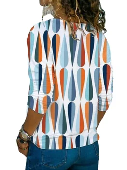 Casual Geometrice Estetice Imprimate T-shirt Femei de Moda Stil 3D V-Neck Maneca Lunga Topuri Elegante Strada Plus Dimensiune Domnișoară Tees