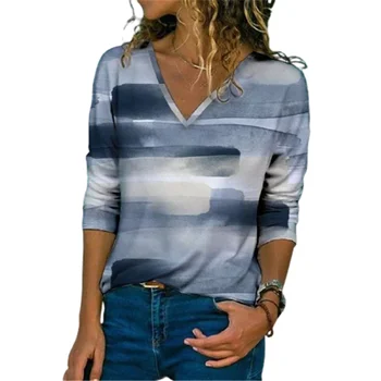 Casual Geometrice Estetice Imprimate T-shirt Femei de Moda Stil 3D V-Neck Maneca Lunga Topuri Elegante Strada Plus Dimensiune Domnișoară Tees