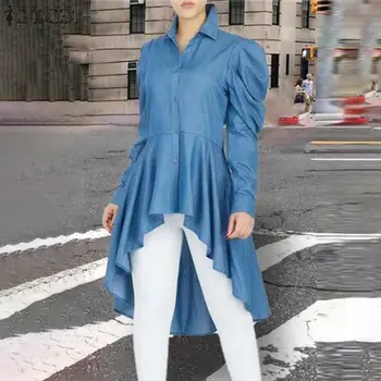 Casual Neregulate Mâneci Lungi Tricouri Moda Blusa Feminina Doamnelor Toamna Denim, Bluze Elegante, Solide Rever Tunica Plus Dimensiune 5XL