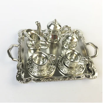Casă de păpuși, Miniaturi Tacamuri Mobila de Bucatarie Set de Ceai Cafea set 8 BUC Cupru Argint DM002B