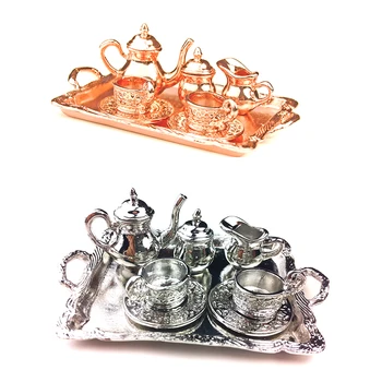 Casă de păpuși, Miniaturi Tacamuri Mobila de Bucatarie Set de Ceai Cafea set 8 BUC Cupru Argint DM002B